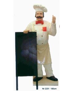 Koch mit stehender Menütafel lebensgroß