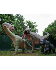 Dinosaurier Brachiosaurus mit Tyrannosaurus und Gorilla lebensgroß