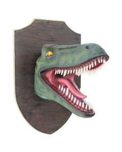 Dinosaurier Raptorkopf grün auf Holz lebensgroß