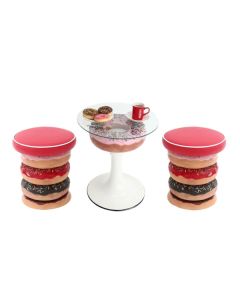 Donuttisch rosa auf Ständer mit Glasplatte und Donuthocker klein vergrößert