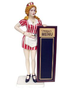 Amerikanische Kellnerin mit Menütafel lebensgroß
