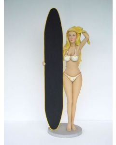 Sexy Bikini Girl mit Angebotstafel lebensgroß