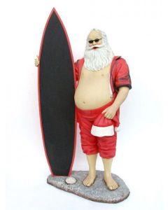 Weihnachtsmann als Surfer mit Angebotstafel lebensgroß