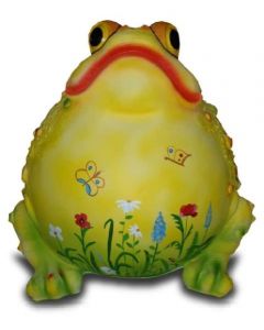 Dicker aufgeblaener Frosch mit dekorativer Blumenbemalung gelb verkleinert