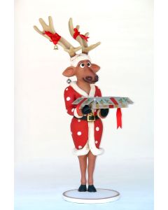 Weibliches lustiges Rentier mit Geschenkbox groß lebensgroß