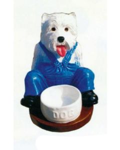 West Highland Terrier sitzend mit Napf und Latzhose lebensgroß