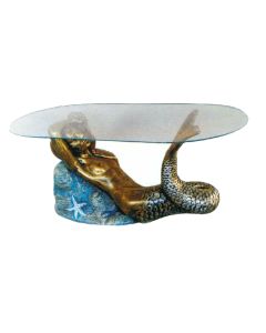 Glastisch mit bronzefarbener Meerjungfrau verkleinert