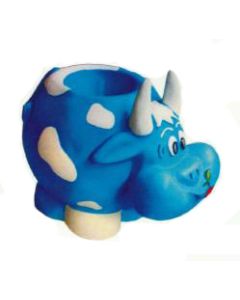 blaue Kuh mit weißen Flecken als Pflanzgefäß verkleinert