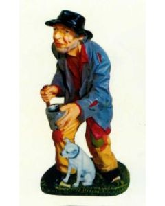 Bettler mit Becher und Stock und Hund verkleinert