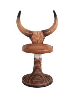 Stierhorn Barhocker mit braunem Polster und Seilen lebensgroß