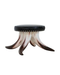 Stierhorn Fußhocker rund mit schwarzem Polster lebensgroß