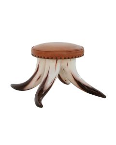 Stierhorn Fußhocker rund mit braunem Polster lebensgroß