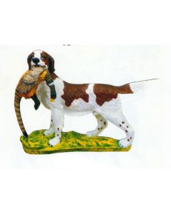 Jagdhund braun weiß mit Rebhuhn lebensgroß
