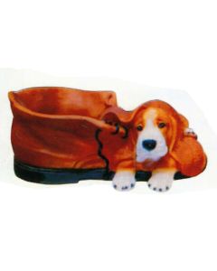 Beagle liegend auf Schuh lebensgroß