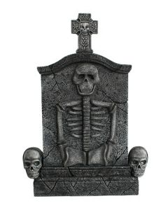 Kreuz Grabstein mit Skelett und Totenköpfen lebensgroß