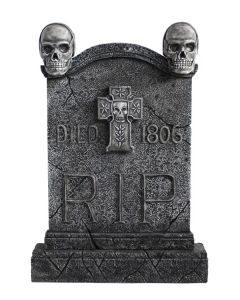 Totenkopf Grabstein mit Kreuz lebensgroß