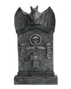 Fledermaus Grabstein mit Totenköpfen und Kreuz lebensgroß
