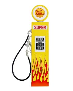 Retro Zapfsäule Gelb mit Flammen als Wanddeko verkleinert