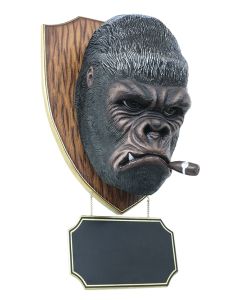 Gorillakopf mit Zigarre und Angebotsschild lebensgroß