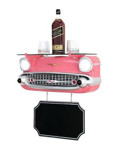 Wandregal Chevy Rosa mit Glasplatte und Angebotsschild verkleinert