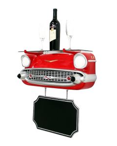 Wandregal Chevy Rot mit Glasplatte und Angebotsschild verkleinert