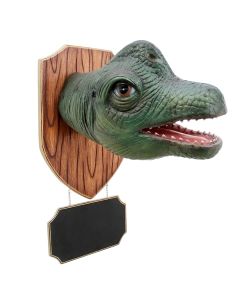 Dinosaurier Brachiosauruskopf auf Holz mit Angebotsschild lebensgroß