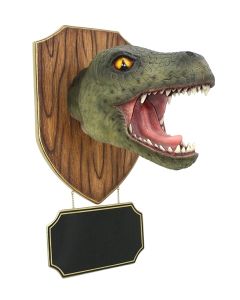 Dinosaurier Tyrannosauruskopf auf Holz mit Angebotsschild lebensgroß