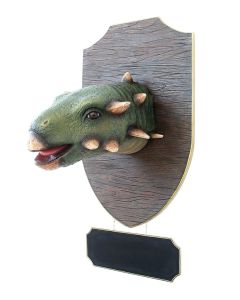 Dinosaurier Gastoniakopf auf Holz mit Angebotsschild lebensgroß