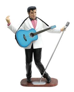 Elvis im weißen Jackett, blauer Gitarre und Mikro  lebensgroß