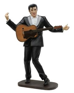 Elvis im schwarzen Anzug mit brauner Gitarre lebensgroß