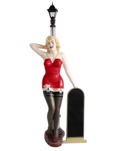 Marilyn rot schwarz mit Laterne und Angebotstafel lebensgroß