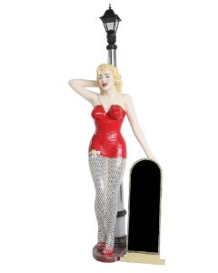 Marilyn rot netz mit Laterne und Angebotstafel lebensgroß