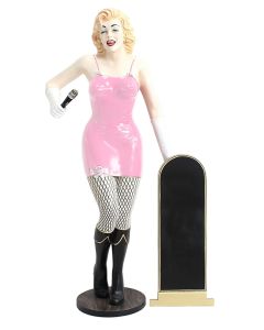 Marilyn rosa netz mit Mikrofon und Angebotstafel lebensgroß