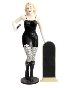 Marilyn schwarz netz mit Mikrofon und Angebotstafel lebensgroß