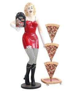 Marilyn mit Menükarte und Pizzen lebensgroß
