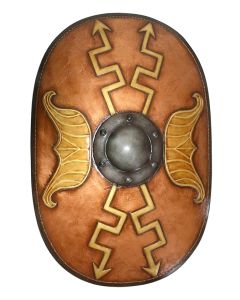 Antikes Mittelalterliches Schild Oval Orange mit goldenen Pfeile lebensgroß
