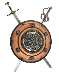 Antikes Schild mit Medusa Bronze und 2 Schwertern lebensgroß