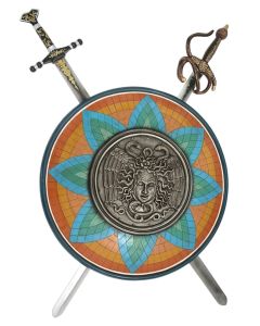Antikes Schild mit Medusa Orange Blau Grün und 2 Schwertern lebensgroß