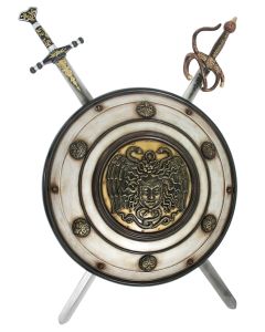 Antikes Schild mit Medusa Weiß Gold und 2 Schwertern lebensgroß