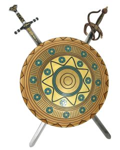 Antikes Schild Gold Blau mit 2 Schwertern lebensgroß