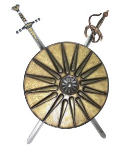 Antikes Schild Gold mit 2 Schwertern lebensgroß