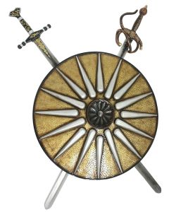 Antikes Schild Gold Weiß mit 2 Schwertern lebensgroß
