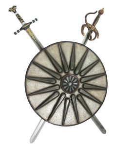Antikes Schild Silber mit 2 Schwertern lebensgroß