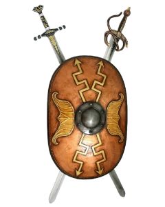 Antikes Schild Oval Orange mit goldenen Pfeilen und 2 Schwertern lebensgroß