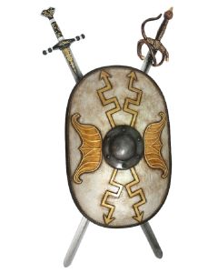 Antikes Schild Oval Weiß mit goldenen Pfeilen und 2 Schwertern lebensgroß