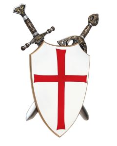 Kreuzritter Schild mit Schwertern dahinter lebensgroß
