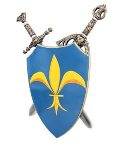 Schild Blau Gelb mit Schwertern dahinter lebensgroß