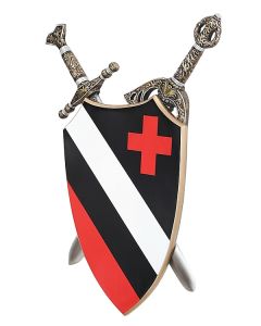 Schild Schwarz Weiß mit rotem Kreuz und Schwertern dahinter lebensgroß