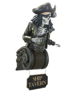Piratenskelett Oberkörper auf Kapitell mit Tavern-Schild lebensgroß