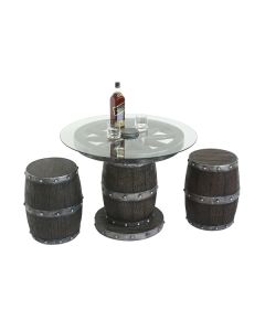 Weinfass mit Rad Tisch mit Glasplatte und Hockern lebensgroß
